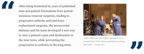 Screenshot of Forbes article with quote from Dr. Justin Saliman on his innovative invention in meniscus tear treatment
